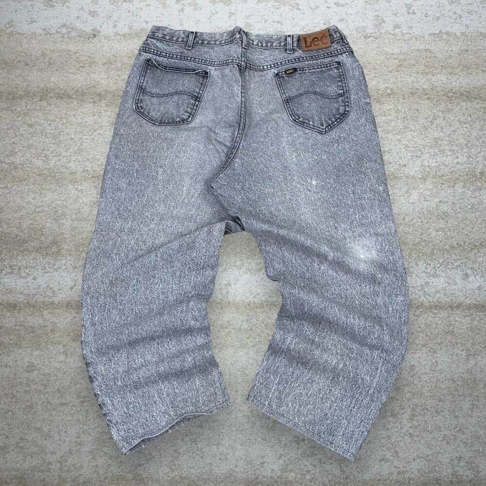 Vintage 90s Lee MR Jeans 38x28 Baggy Fit Smoke Grey Acid Wash Denim Tan Logo